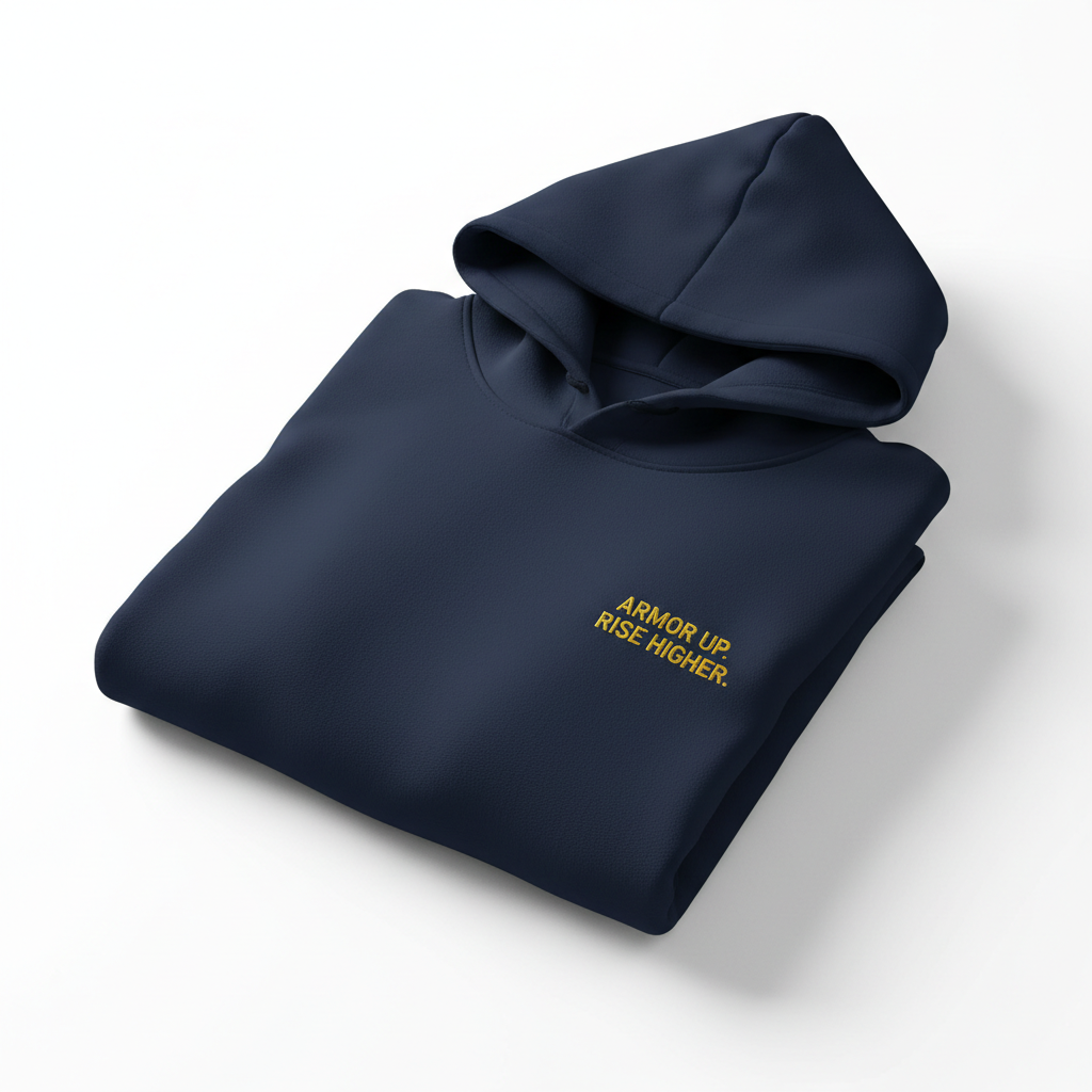 ASCEND Navy Hoodie - Front view with tagline on left chest