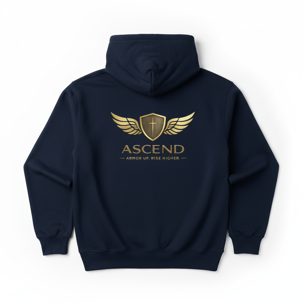 ASCEND Navy Hoodie - Back view with larger winged shield logo