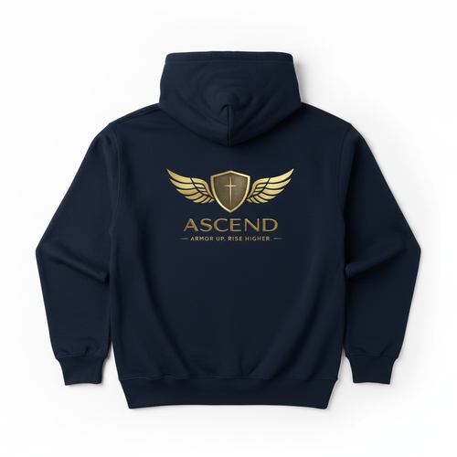 ASCEND Navy Hoodie - Back view with larger winged shield logo