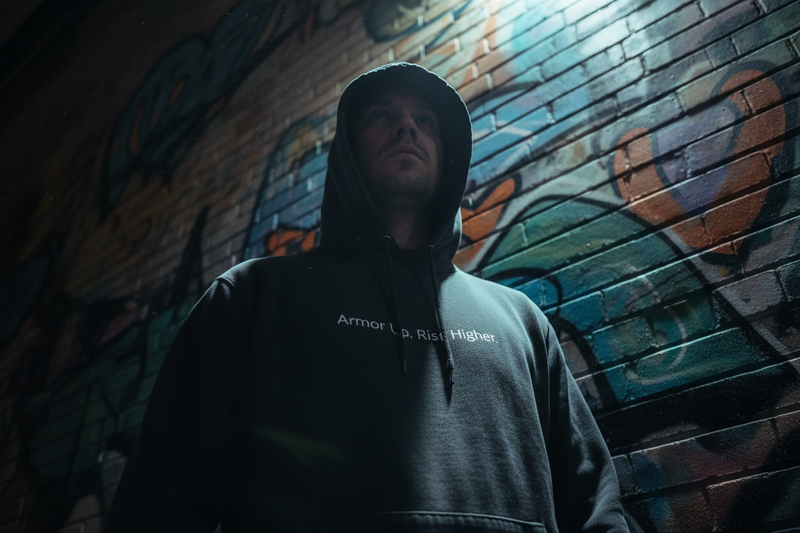 Man in hoodie with small text - graffiti
